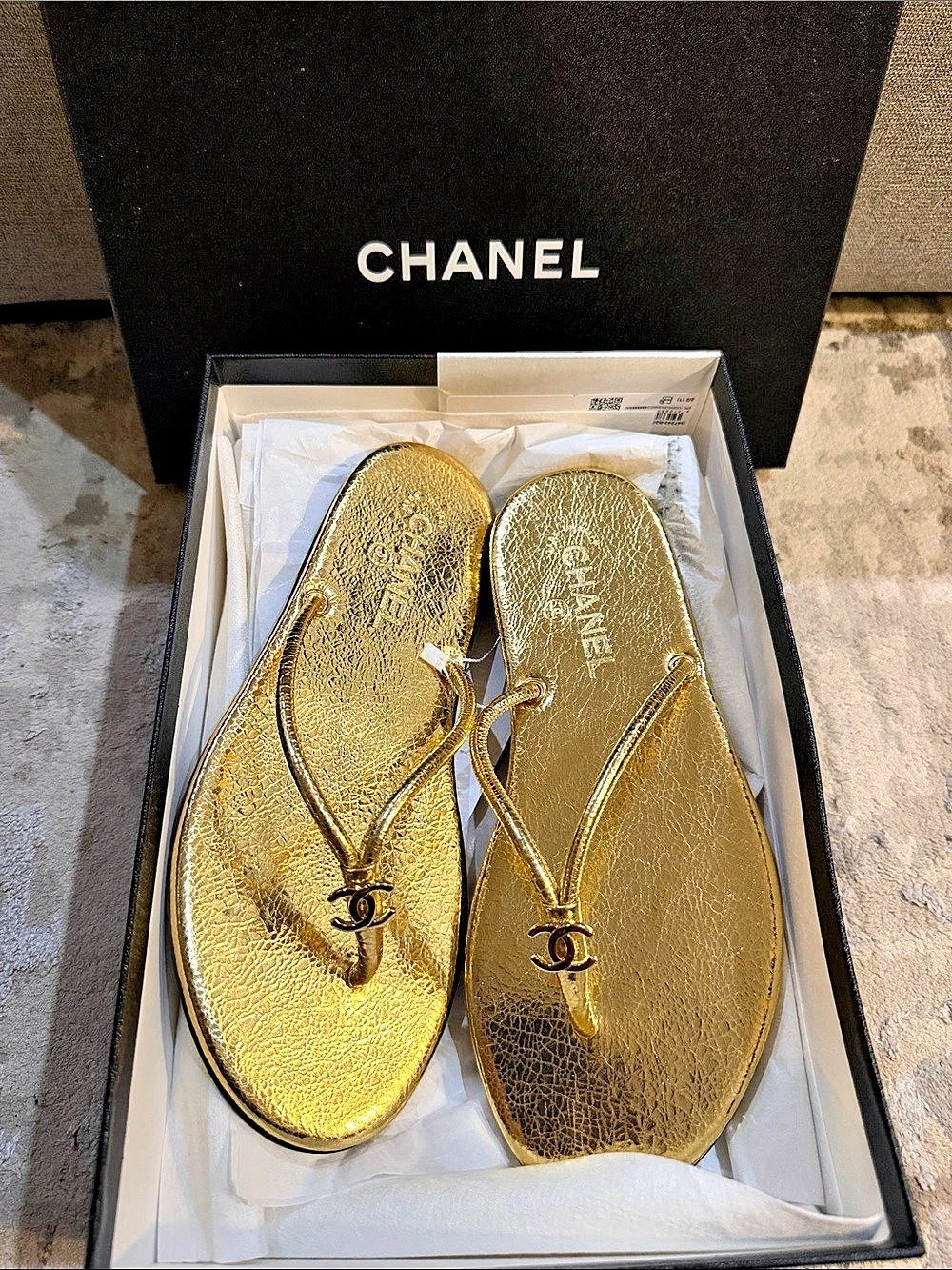 Chanel Metallic Gold Leather CC Thong Flat Sandals
